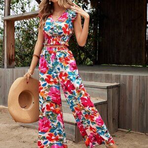 Multicolor Preppy Womens Floral Print Top & Wide Leg Pants